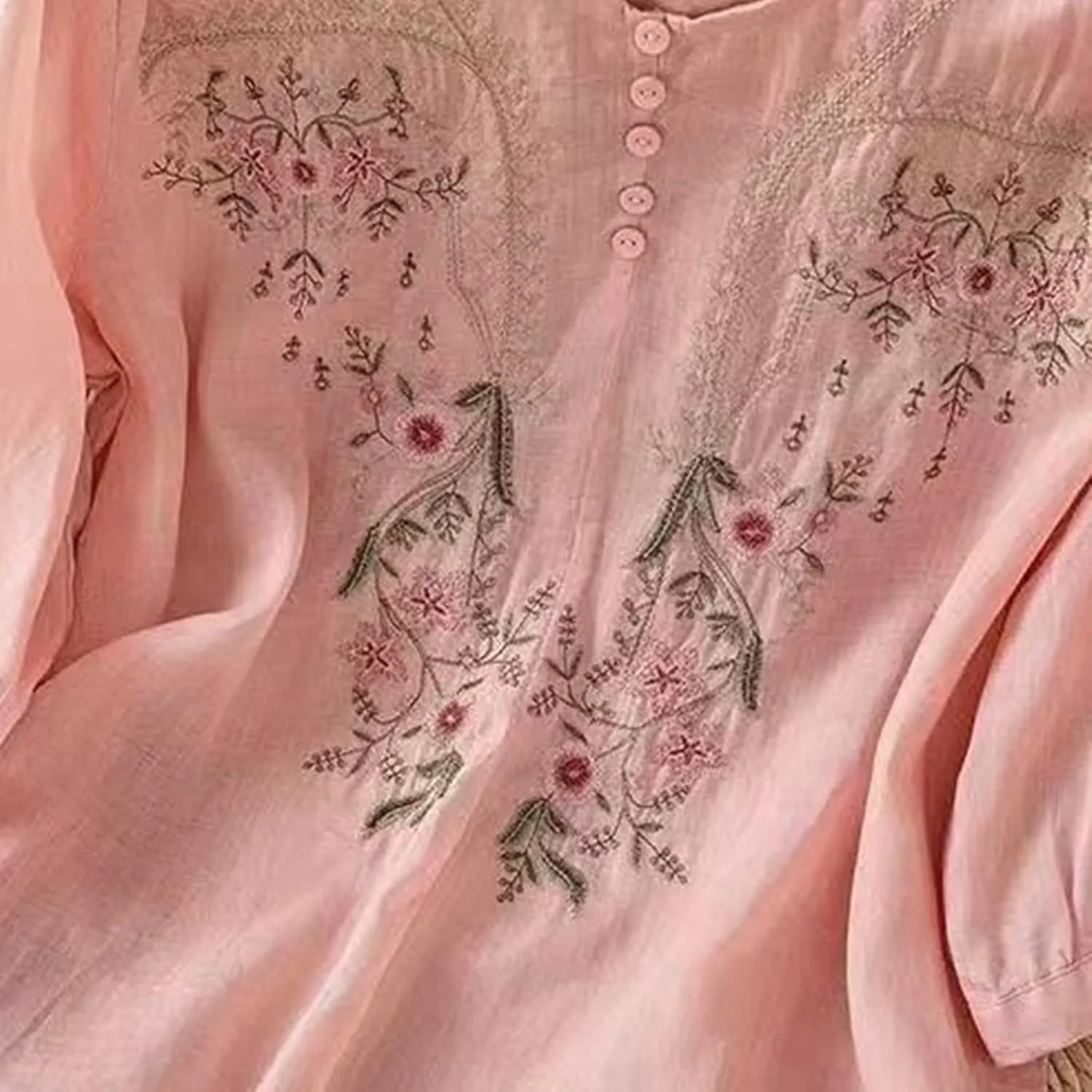 Linen Shirt for Women 3/4 Sleeve Linen Blouses Loose Fit Embroidery Cotton Tops
