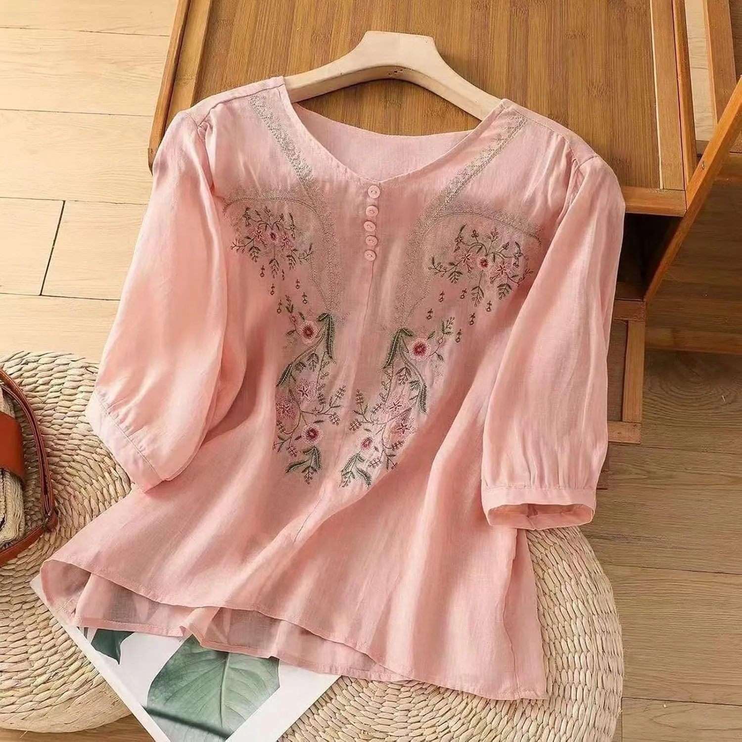 Linen Shirt for Women 3/4 Sleeve Linen Blouses Loose Fit Embroidery Cotton Tops