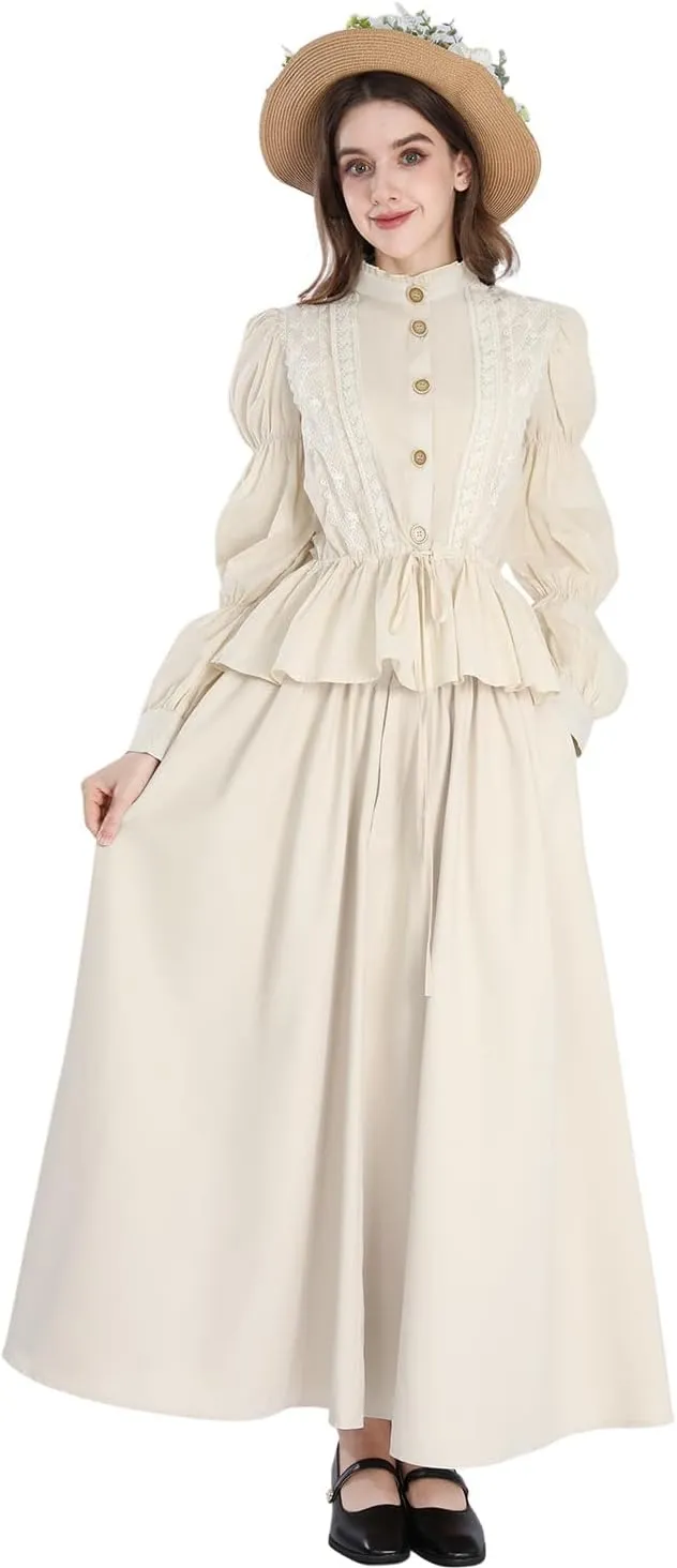 LTAKK Victorian Dress Women Edwardian Dresses 1800s Vintage Medieval Renaissance Costume 2-Piece