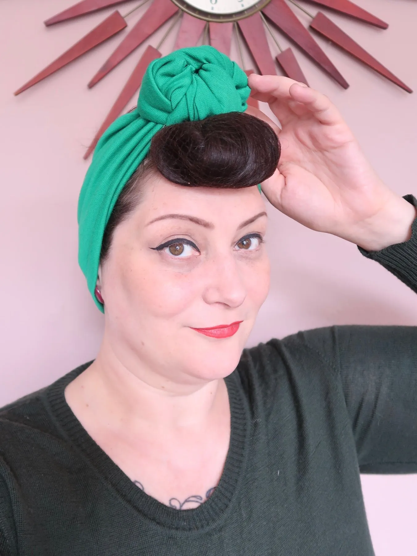 Made To Order: SMALL KNOT 1940s Pre-tied Stretchy Turban in 8 Colours: red, black, leopard, olive green, mustard, rust, grey & navy.