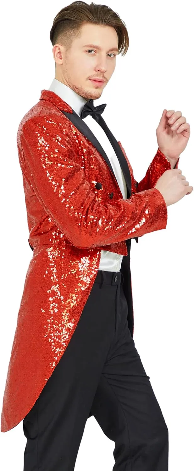 MAGE MALE Mens Sequin Tuxedo Jacket Tails Slim Fit Tailcoat Dress Coat Swallowtail Dinner Party Wedding Blazer Suit Jacket