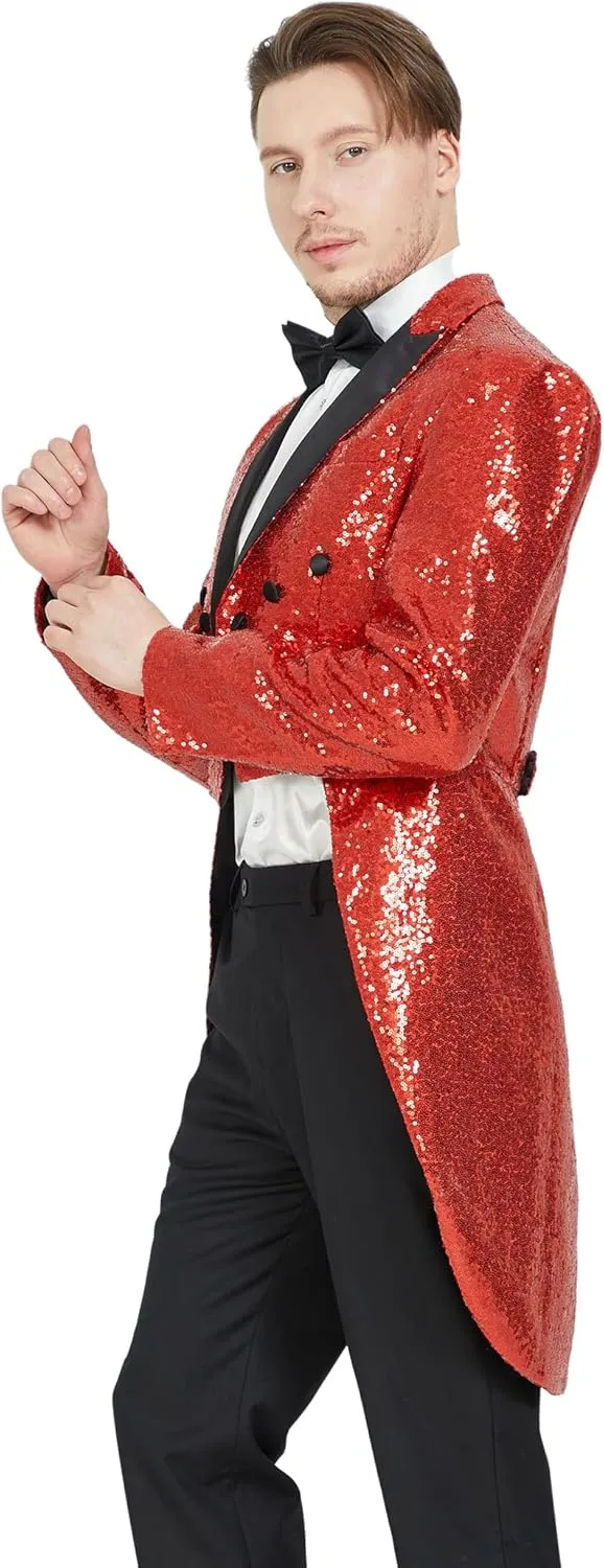 MAGE MALE Mens Sequin Tuxedo Jacket Tails Slim Fit Tailcoat Dress Coat Swallowtail Dinner Party Wedding Blazer Suit Jacket