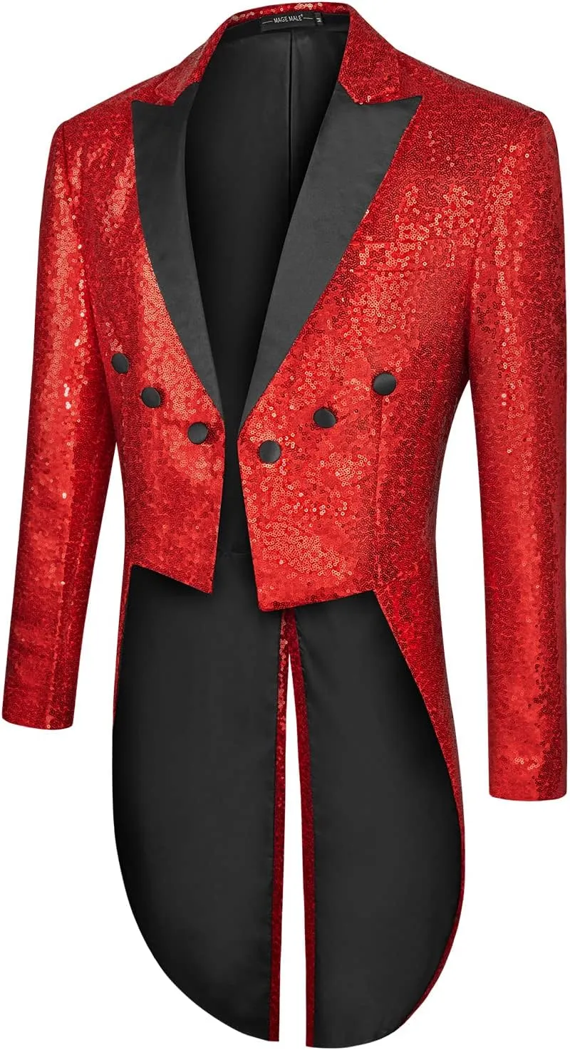 MAGE MALE Mens Sequin Tuxedo Jacket Tails Slim Fit Tailcoat Dress Coat Swallowtail Dinner Party Wedding Blazer Suit Jacket
