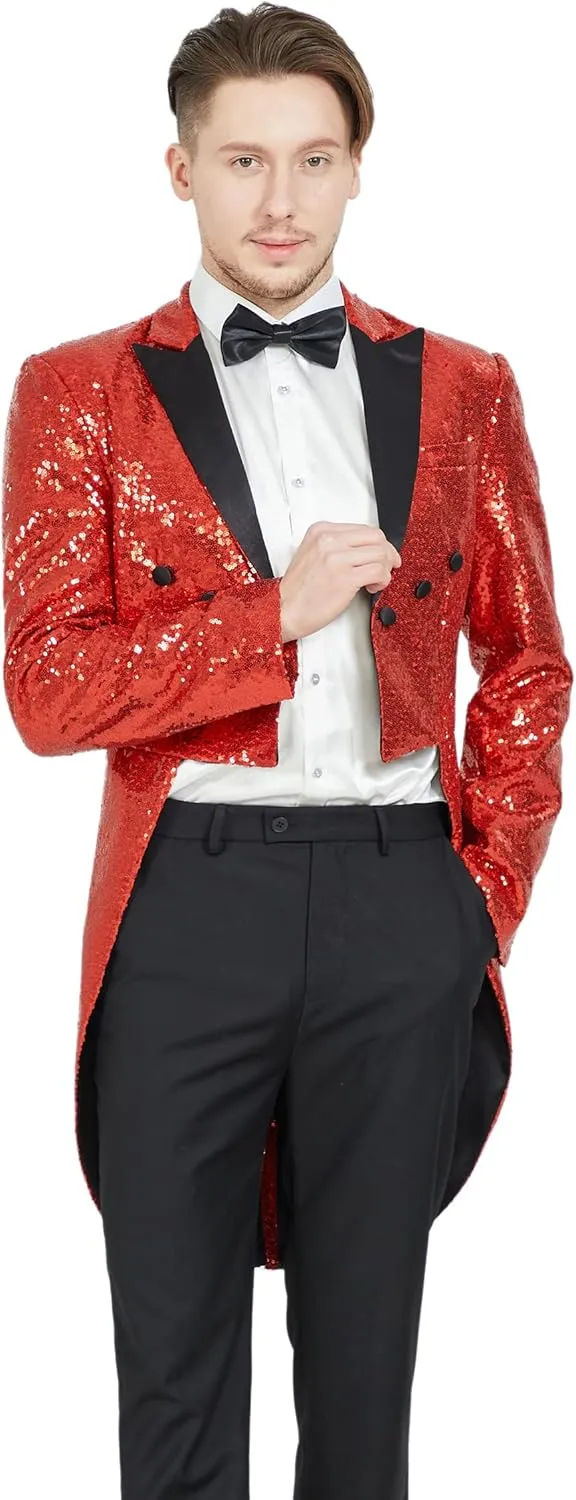 MAGE MALE Mens Sequin Tuxedo Jacket Tails Slim Fit Tailcoat Dress Coat Swallowtail Dinner Party Wedding Blazer Suit Jacket