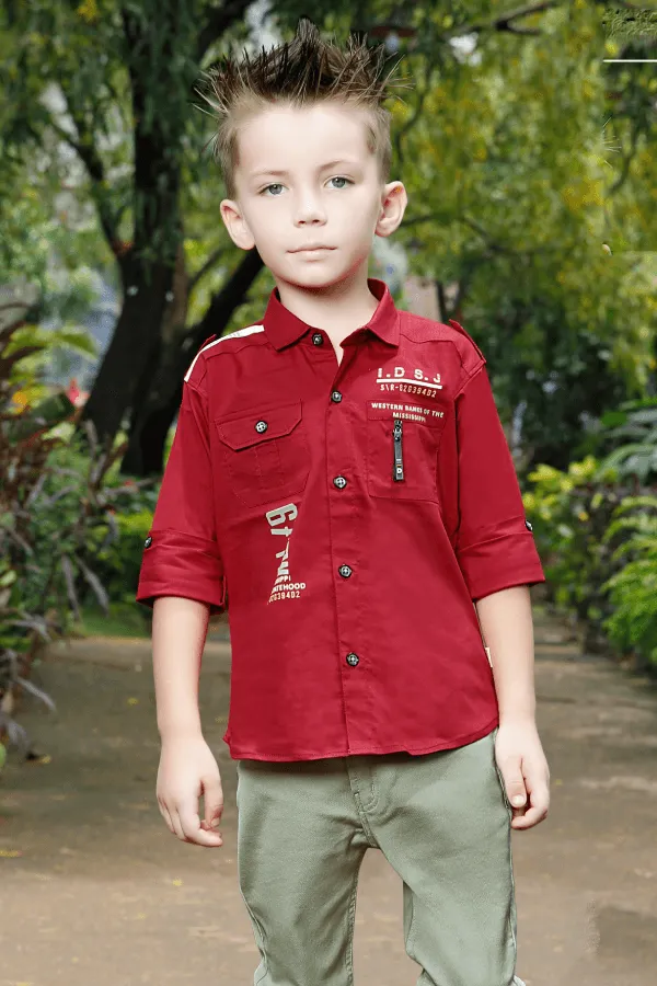 Maroon with Light Green Printed Casual wear Pant and Shirt Set for Boys