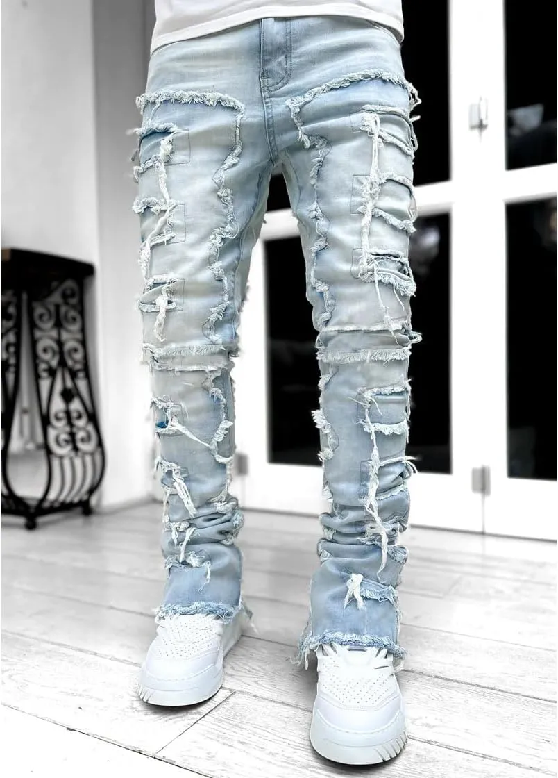 Men Stacked Jeans Skinny Black Ripped Patchwork Denim Pants