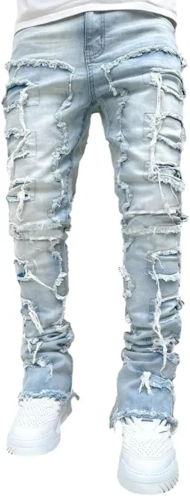 Men Stacked Jeans Skinny Black Ripped Patchwork Denim Pants
