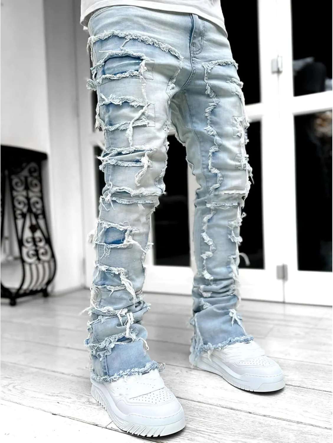 Men Stacked Jeans Skinny Black Ripped Patchwork Denim Pants