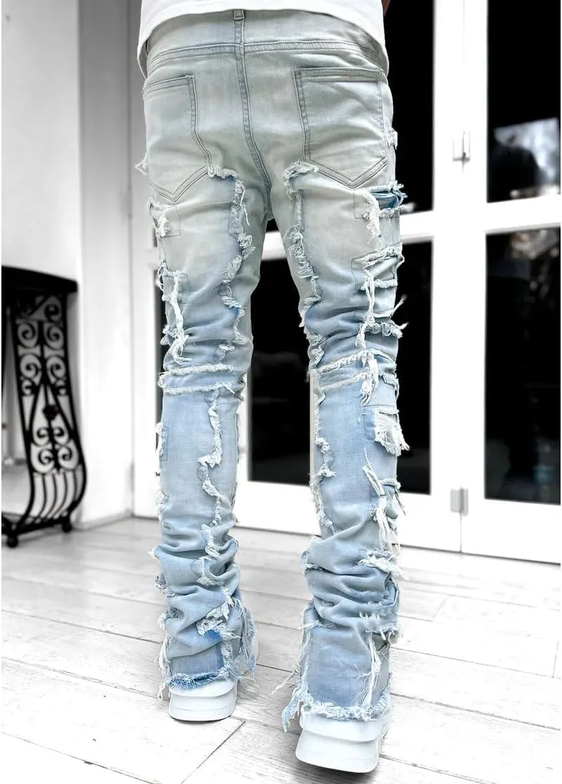 Men Stacked Jeans Skinny Black Ripped Patchwork Denim Pants