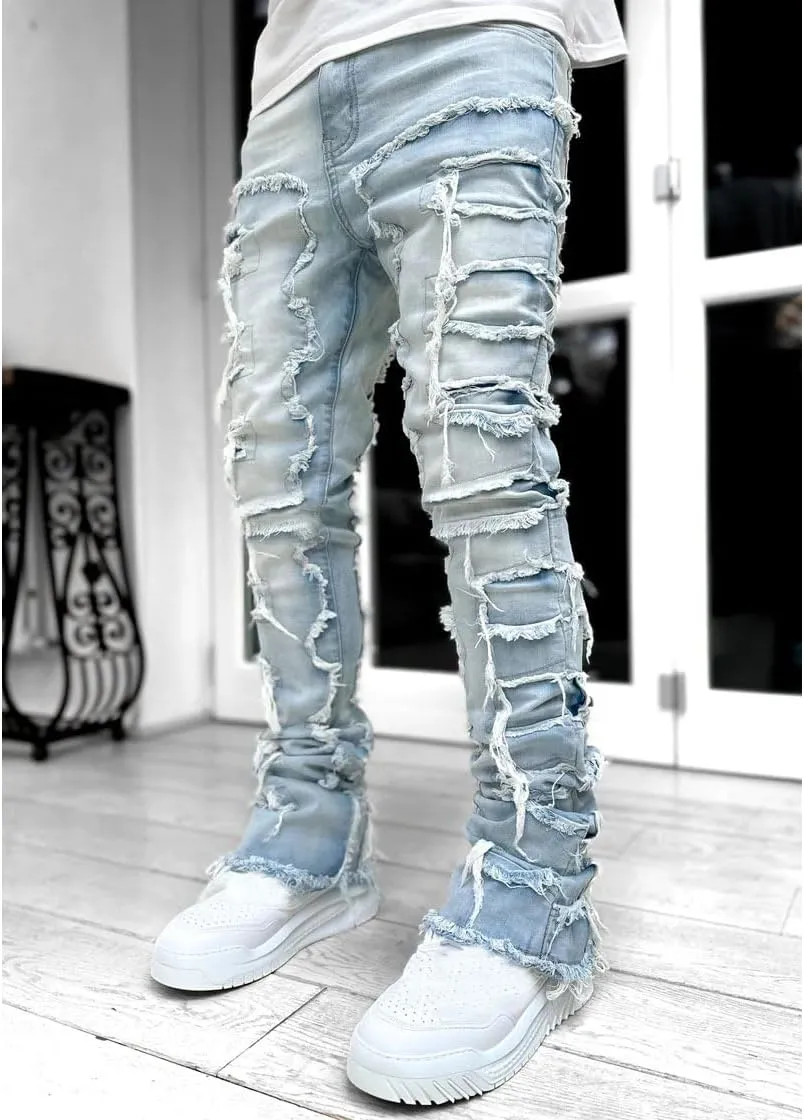 Men Stacked Jeans Skinny Black Ripped Patchwork Denim Pants