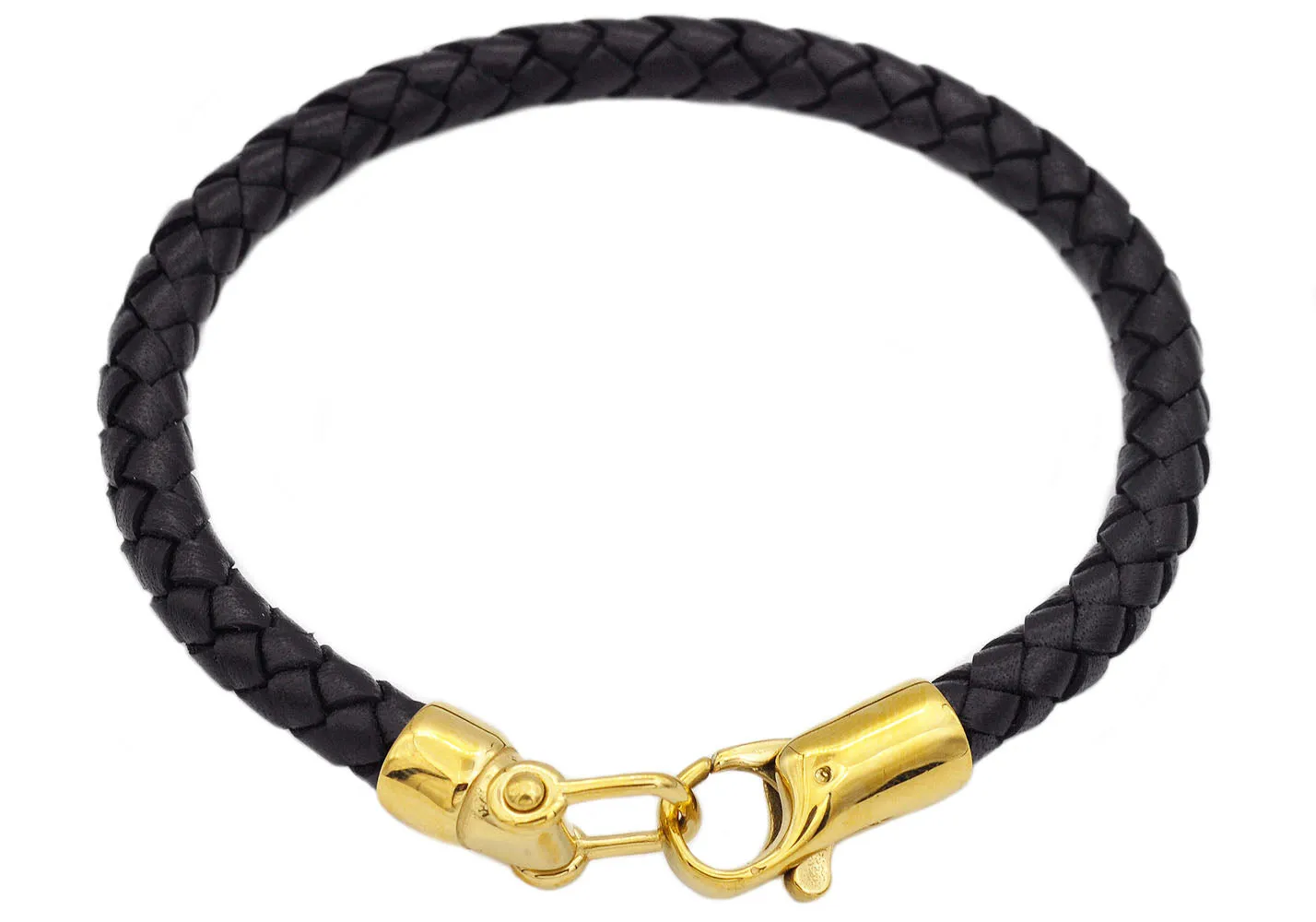 Mens Black Leather Gold Stainless Steel Bracelet
