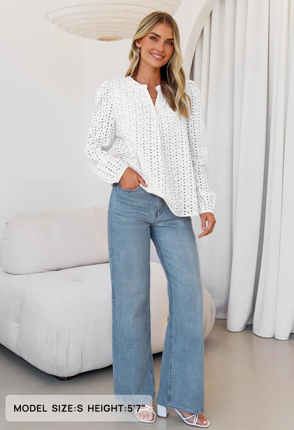 MEROKEETY Women's Hollow Out Lace Blouse Eyelet Embroidery Puff Long Sleeve V Neck Fall Boho Top Shirts