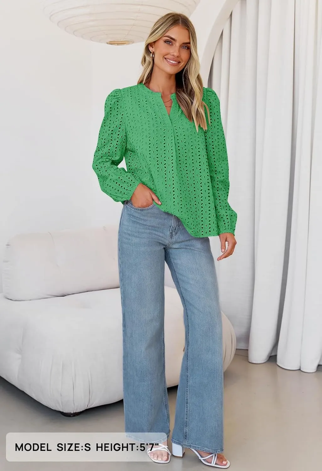 MEROKEETY Women's Hollow Out Lace Blouse Eyelet Embroidery Puff Long Sleeve V Neck Fall Boho Top Shirts