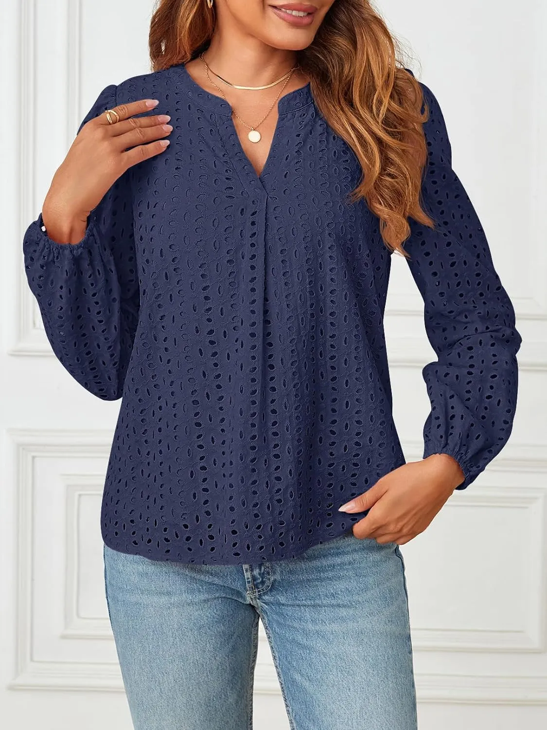 MEROKEETY Women's Hollow Out Lace Blouse Eyelet Embroidery Puff Long Sleeve V Neck Fall Boho Top Shirts