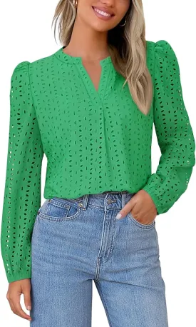 MEROKEETY Women's Hollow Out Lace Blouse Eyelet Embroidery Puff Long Sleeve V Neck Fall Boho Top Shirts
