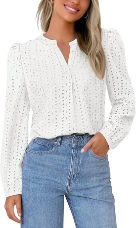 MEROKEETY Women's Hollow Out Lace Blouse Eyelet Embroidery Puff Long Sleeve V Neck Fall Boho Top Shirts