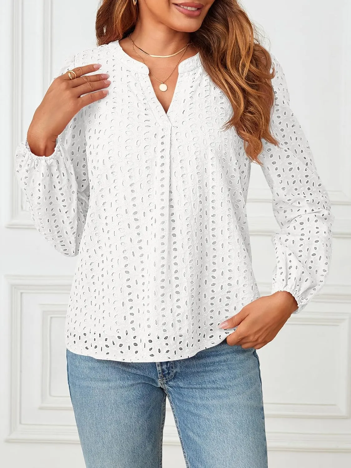 MEROKEETY Women's Hollow Out Lace Blouse Eyelet Embroidery Puff Long Sleeve V Neck Fall Boho Top Shirts
