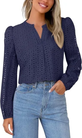 MEROKEETY Women's Hollow Out Lace Blouse Eyelet Embroidery Puff Long Sleeve V Neck Fall Boho Top Shirts