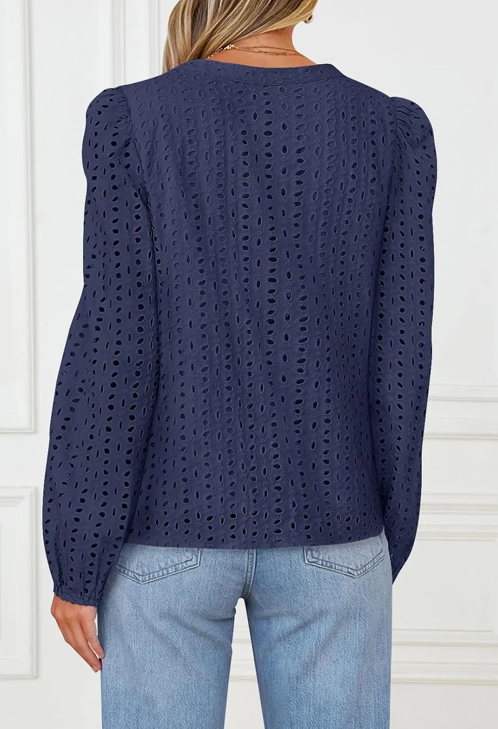 MEROKEETY Women's Hollow Out Lace Blouse Eyelet Embroidery Puff Long Sleeve V Neck Fall Boho Top Shirts