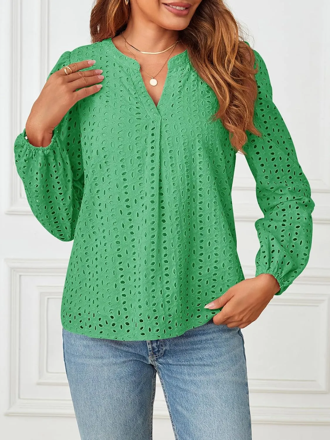 MEROKEETY Women's Hollow Out Lace Blouse Eyelet Embroidery Puff Long Sleeve V Neck Fall Boho Top Shirts