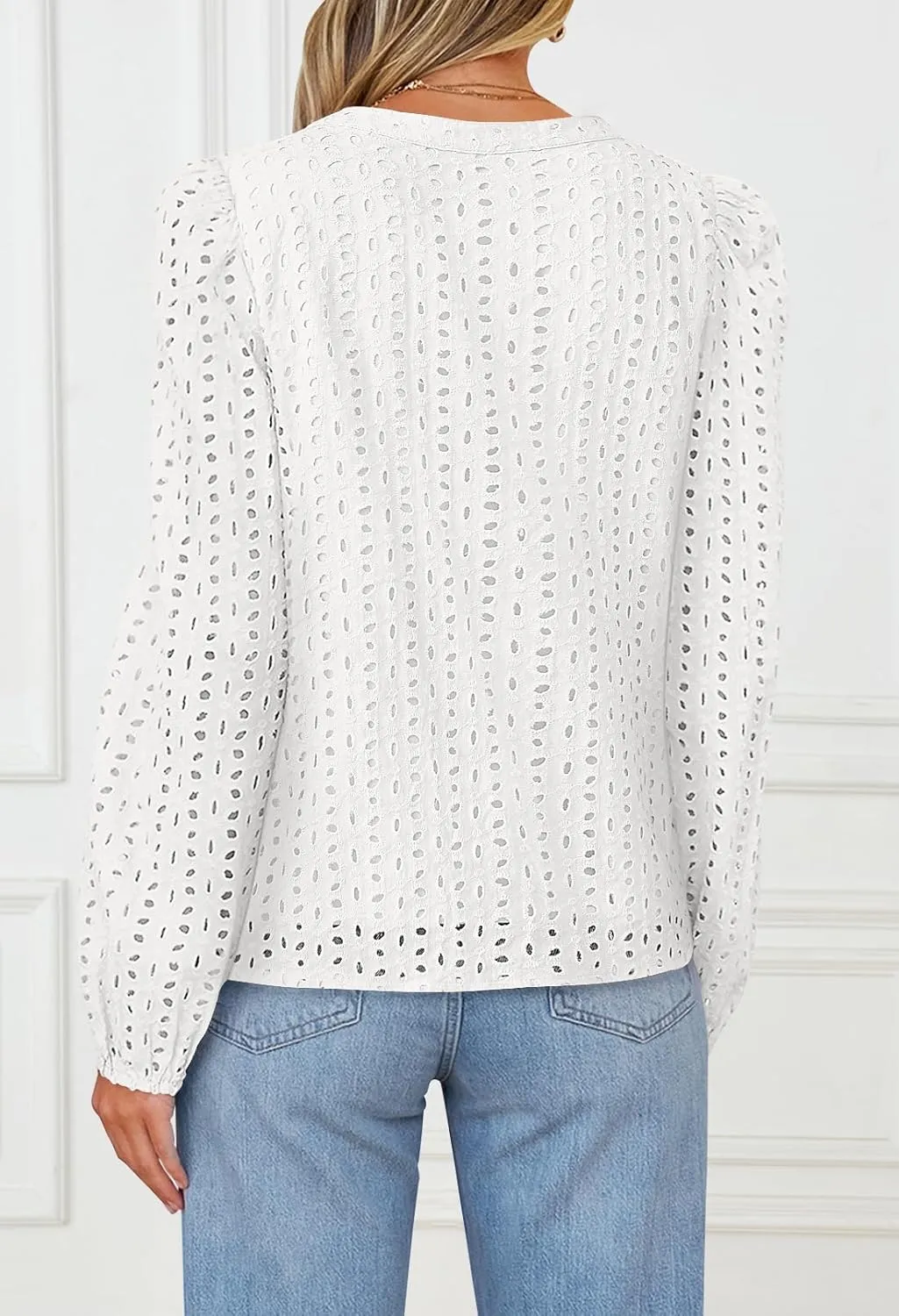 MEROKEETY Women's Hollow Out Lace Blouse Eyelet Embroidery Puff Long Sleeve V Neck Fall Boho Top Shirts