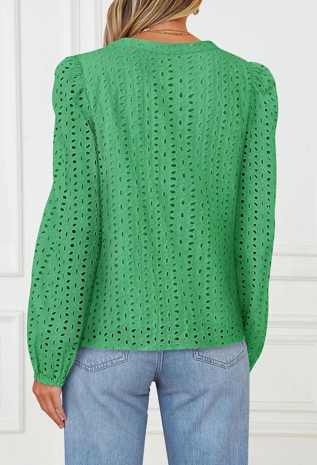 MEROKEETY Women's Hollow Out Lace Blouse Eyelet Embroidery Puff Long Sleeve V Neck Fall Boho Top Shirts