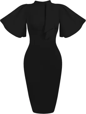Mokayee Womens Collar Ruffle Sleeve Bodycon Church Cocktail Pencil Midi Dresses with Pockets