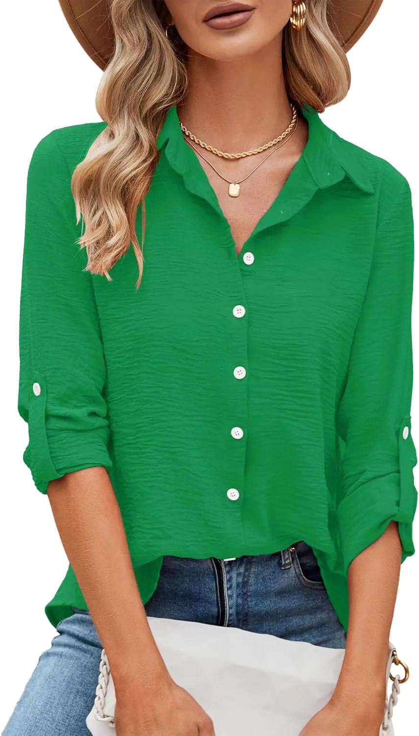 Odosalii Womens Button Down Shirts V Neck Rolled Up Long Sleeve Tops Elegant Dressy Blouses Business Casual Outfits