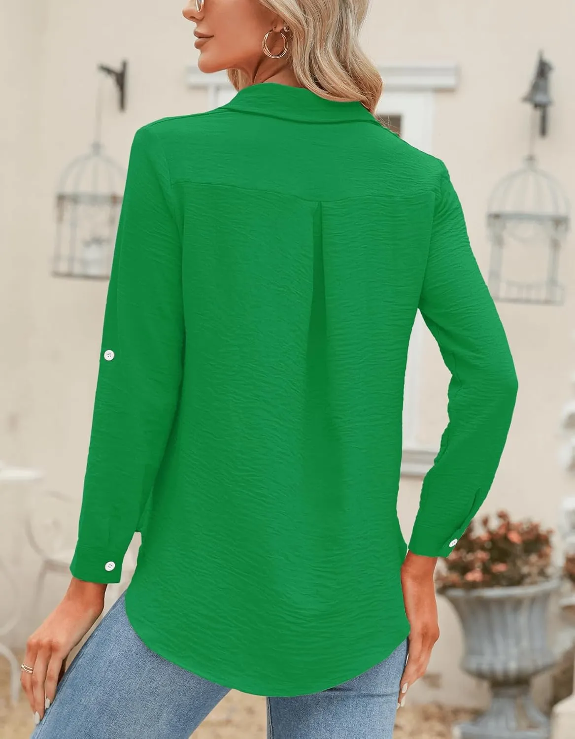 Odosalii Womens Button Down Shirts V Neck Rolled Up Long Sleeve Tops Elegant Dressy Blouses Business Casual Outfits