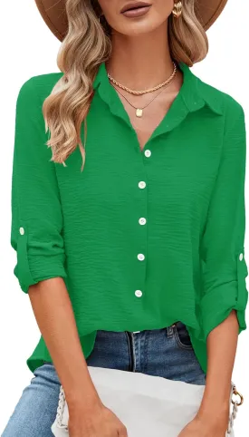 Odosalii Womens Button Down Shirts V Neck Rolled Up Long Sleeve Tops Elegant Dressy Blouses Business Casual Outfits