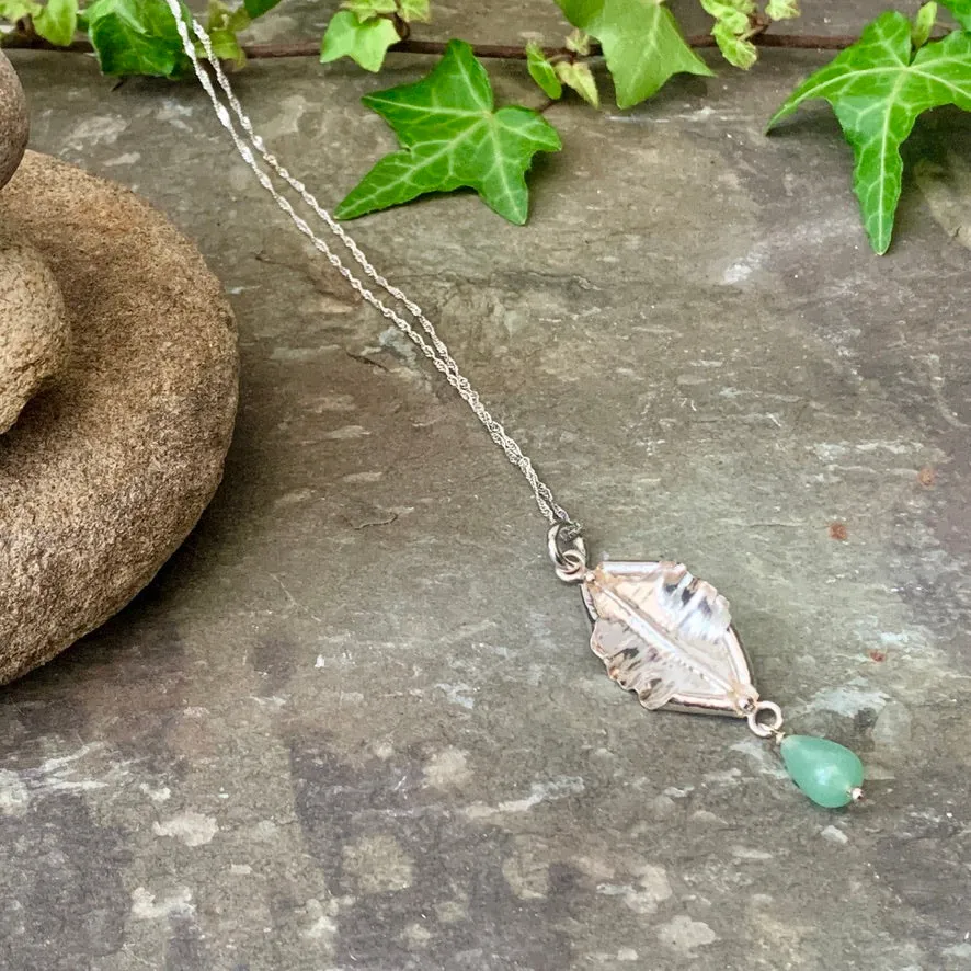Organic, sterling silver curled leaf pendant with green Aventurine drop