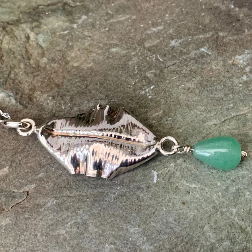 Organic, sterling silver curled leaf pendant with green Aventurine drop