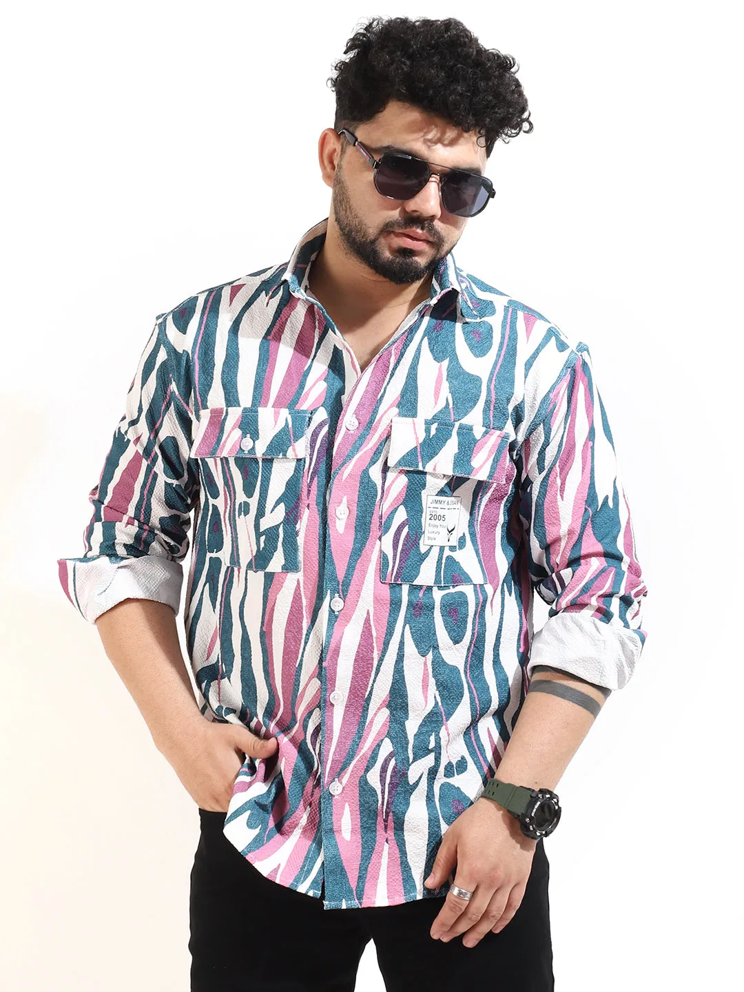Pink Double Pocket Print Shirt