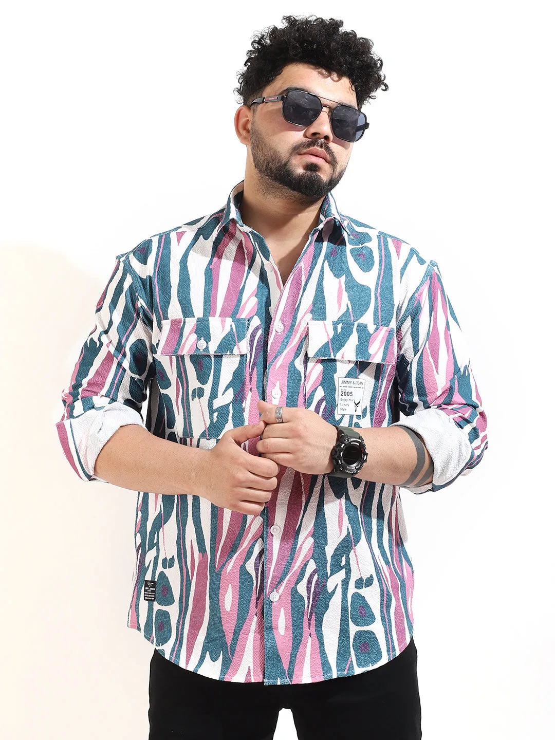 Pink Double Pocket Print Shirt