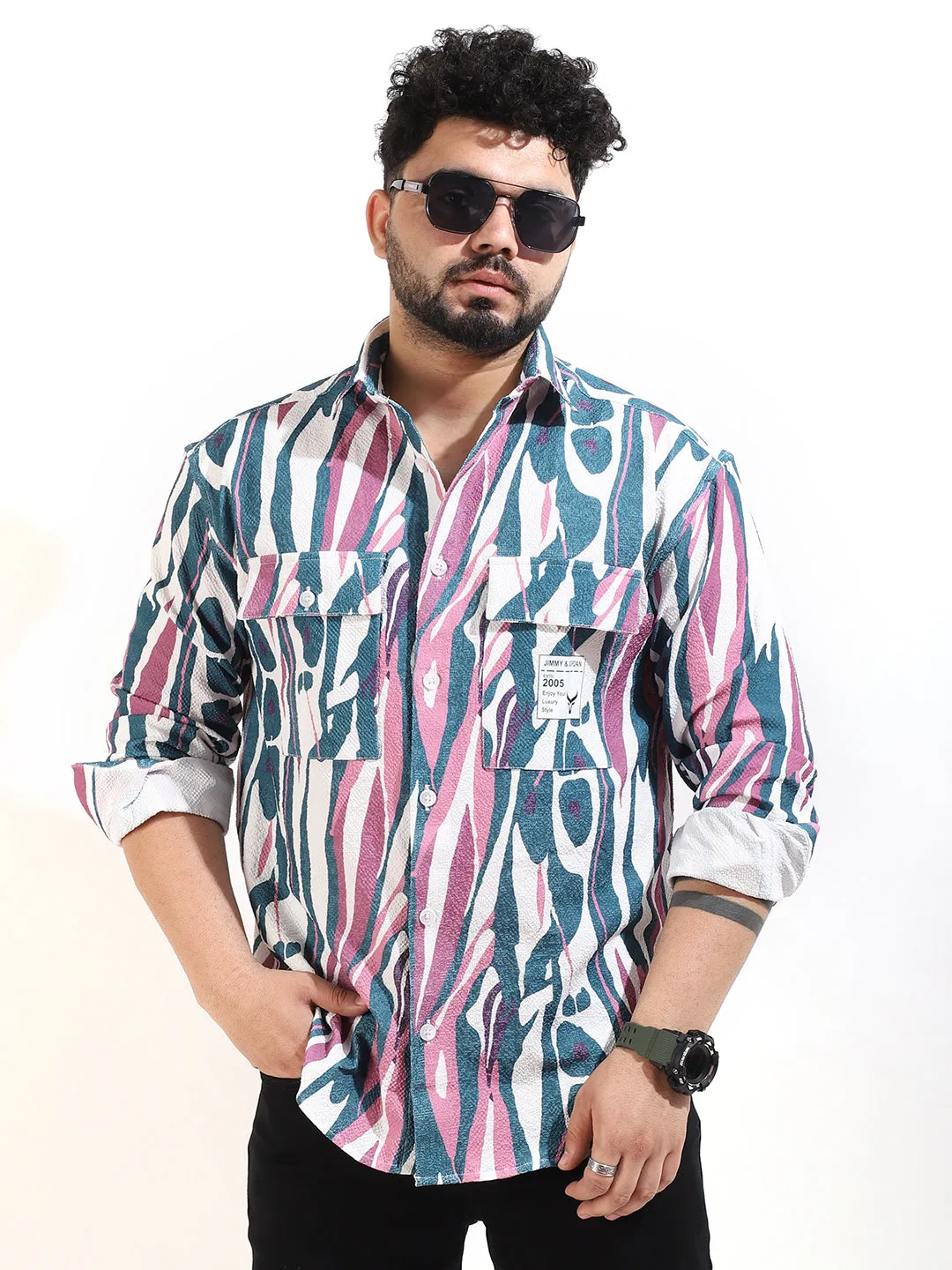 Pink Double Pocket Print Shirt