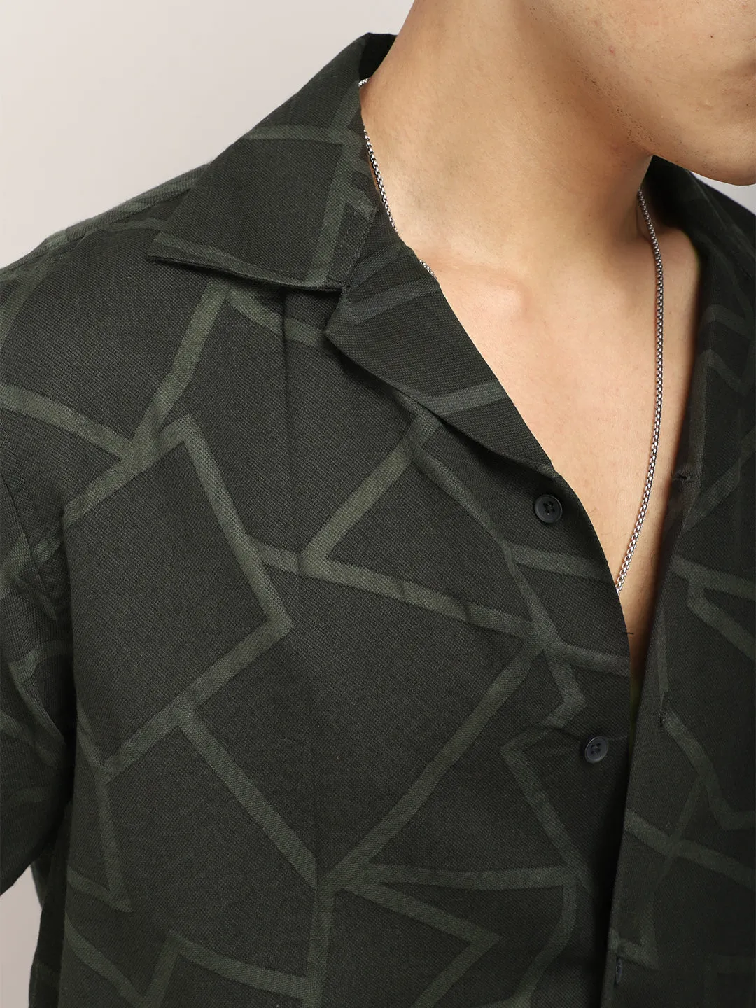 Quiltrend Olive Self Design Half Sleeve Shirt