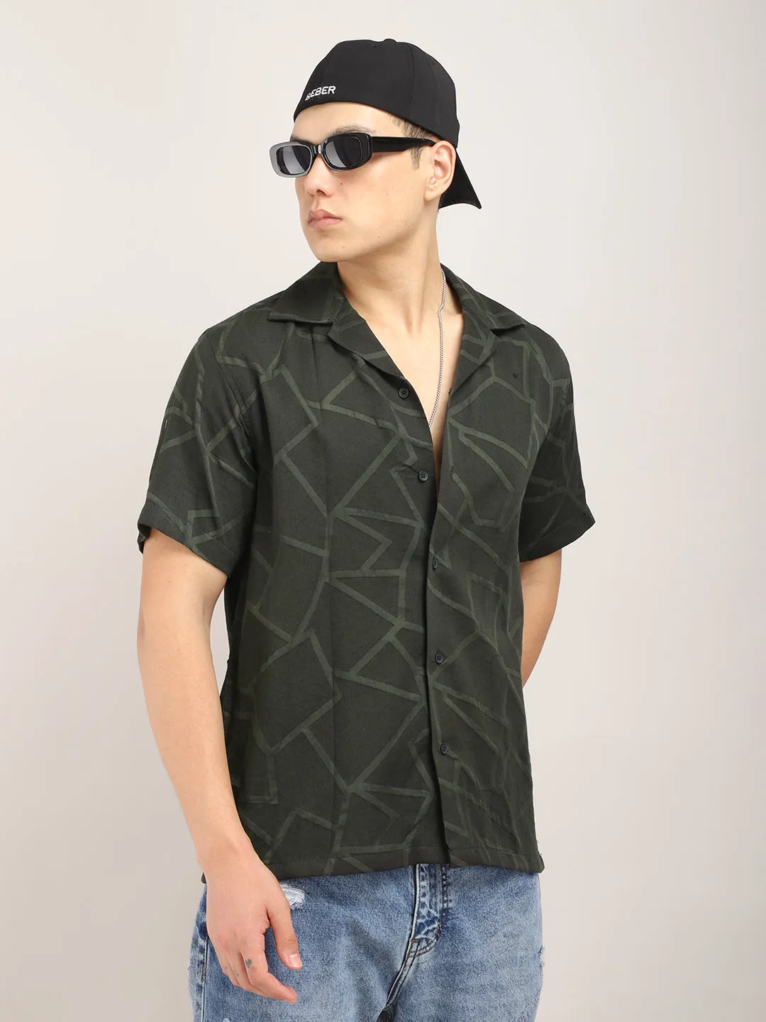 Quiltrend Olive Self Design Half Sleeve Shirt