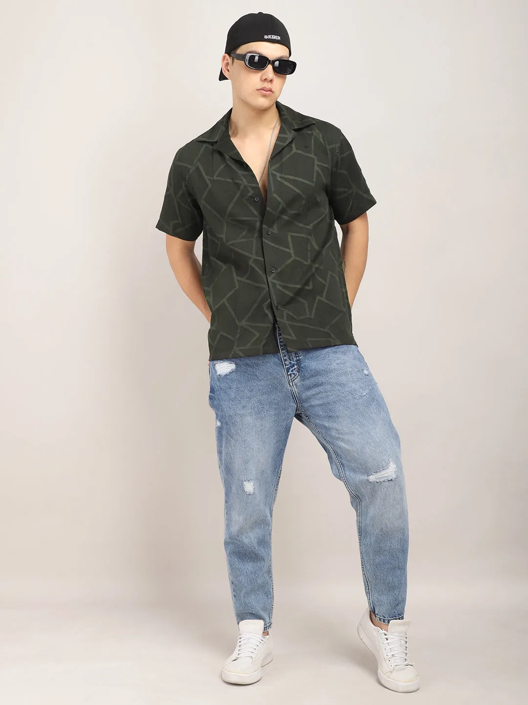 Quiltrend Olive Self Design Half Sleeve Shirt
