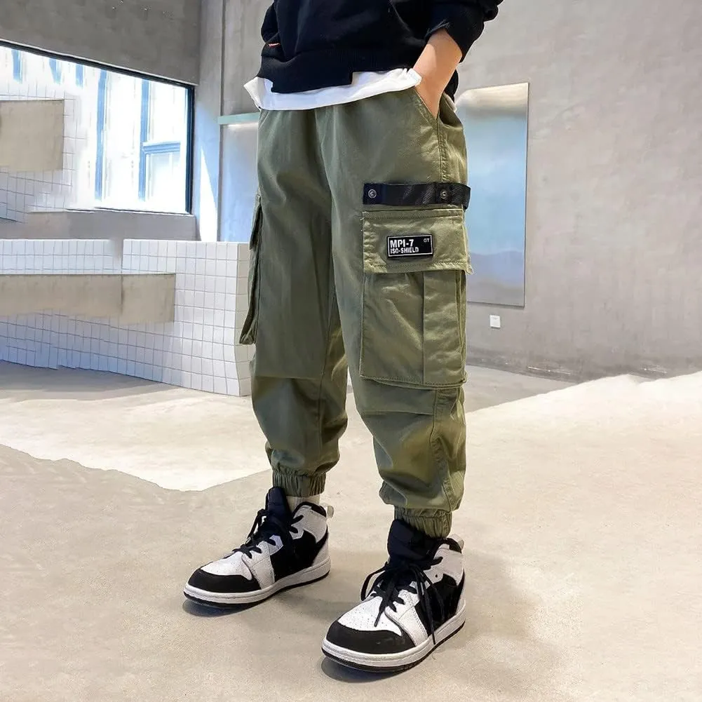 Rolanko Boys' Cargo Pants Casual Kids Joggers Elastic Waist Outdoor Hiking Baggy Trousers 4-14 Years