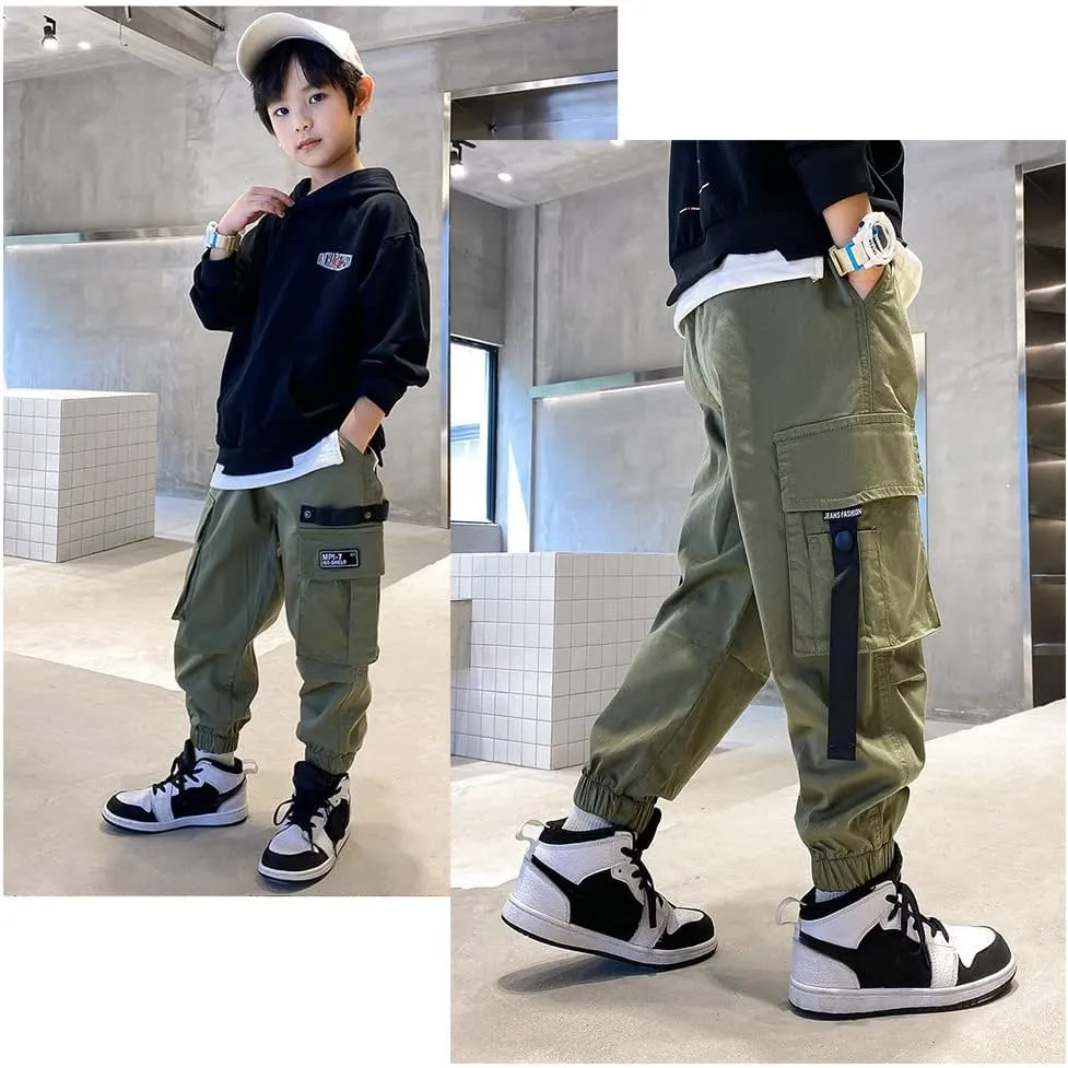 Rolanko Boys' Cargo Pants Casual Kids Joggers Elastic Waist Outdoor Hiking Baggy Trousers 4-14 Years