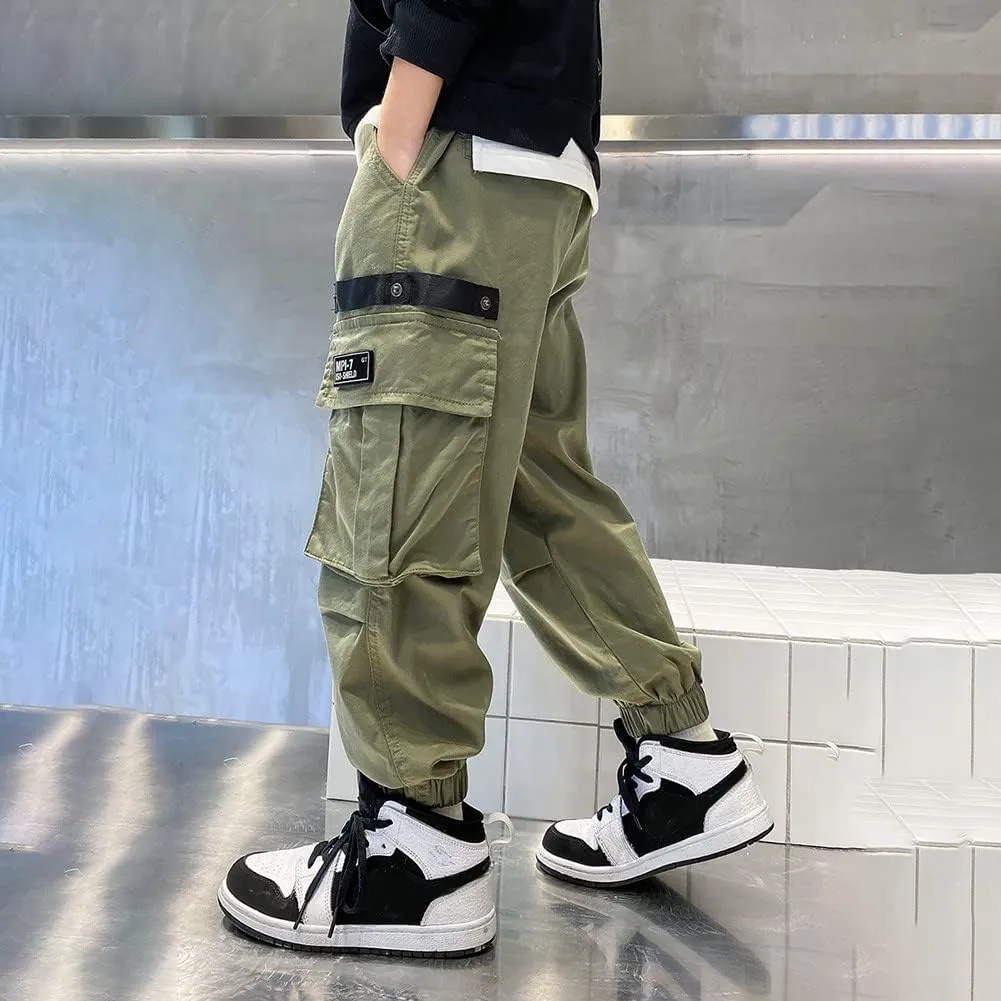 Rolanko Boys' Cargo Pants Casual Kids Joggers Elastic Waist Outdoor Hiking Baggy Trousers 4-14 Years