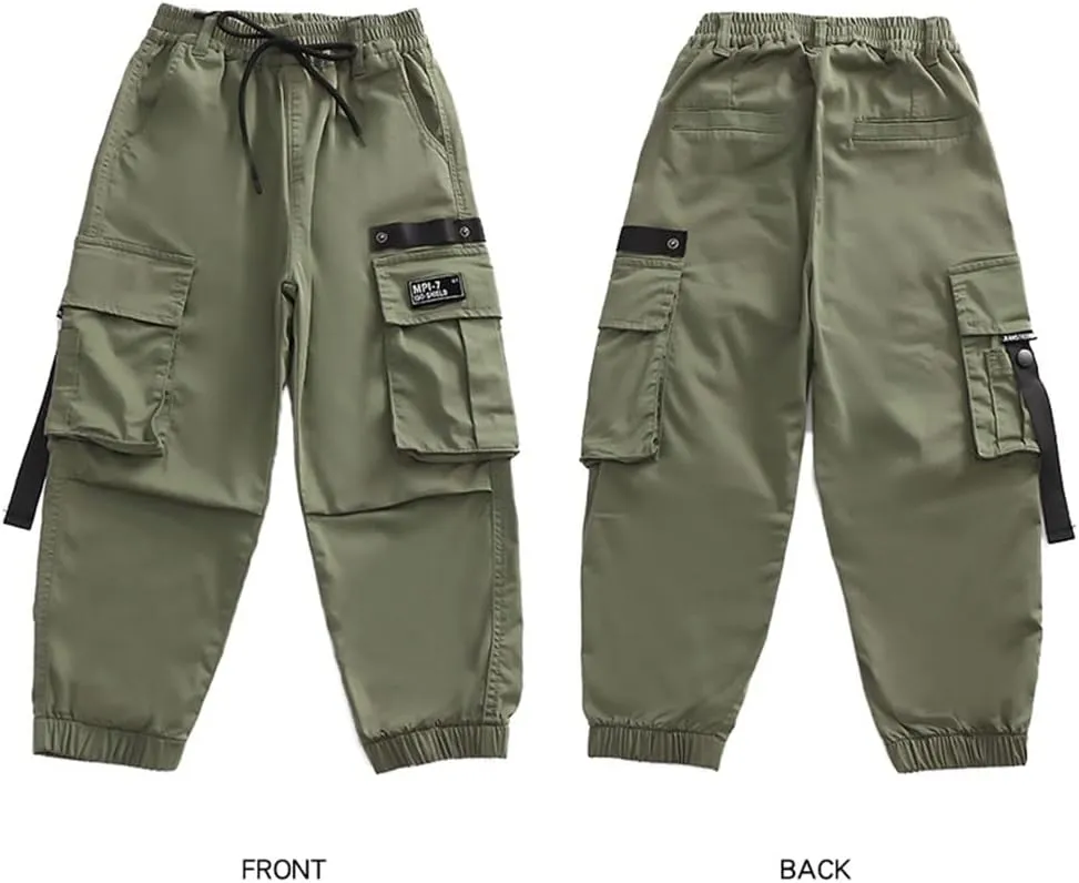 Rolanko Boys' Cargo Pants Casual Kids Joggers Elastic Waist Outdoor Hiking Baggy Trousers 4-14 Years