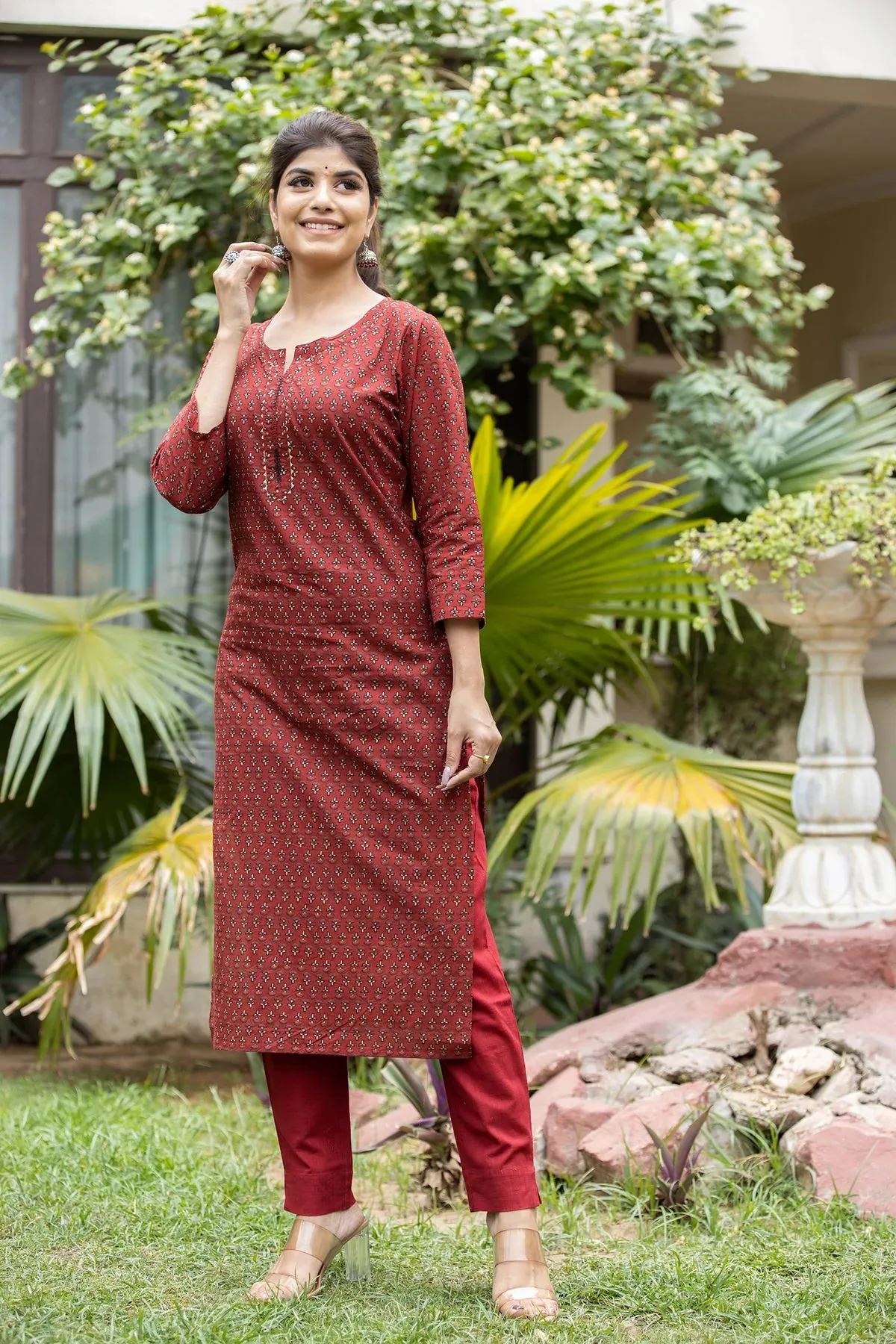 Rust Red Cotton Printed Kurta Pant Set