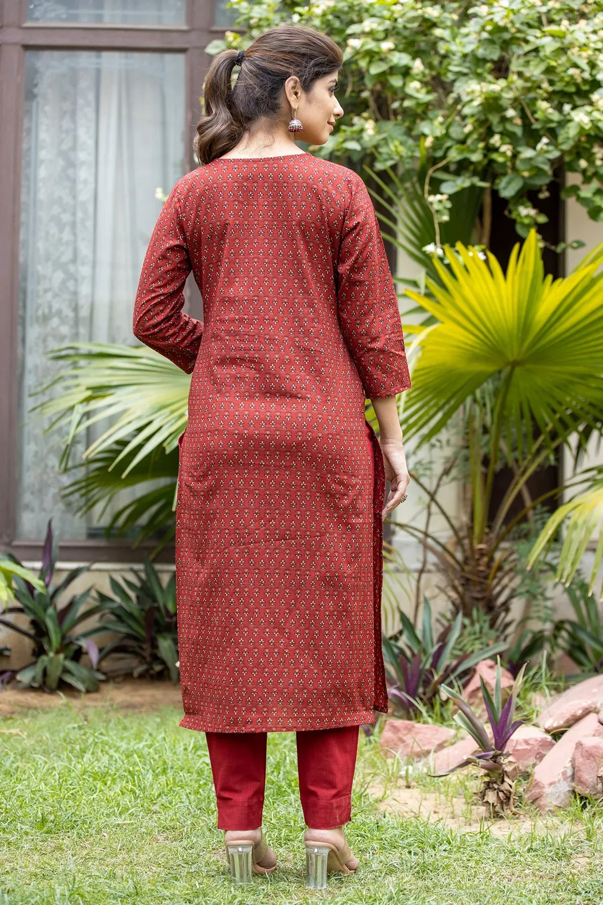 Rust Red Cotton Printed Kurta Pant Set