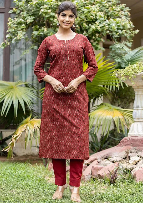 Rust Red Cotton Printed Kurta Pant Set