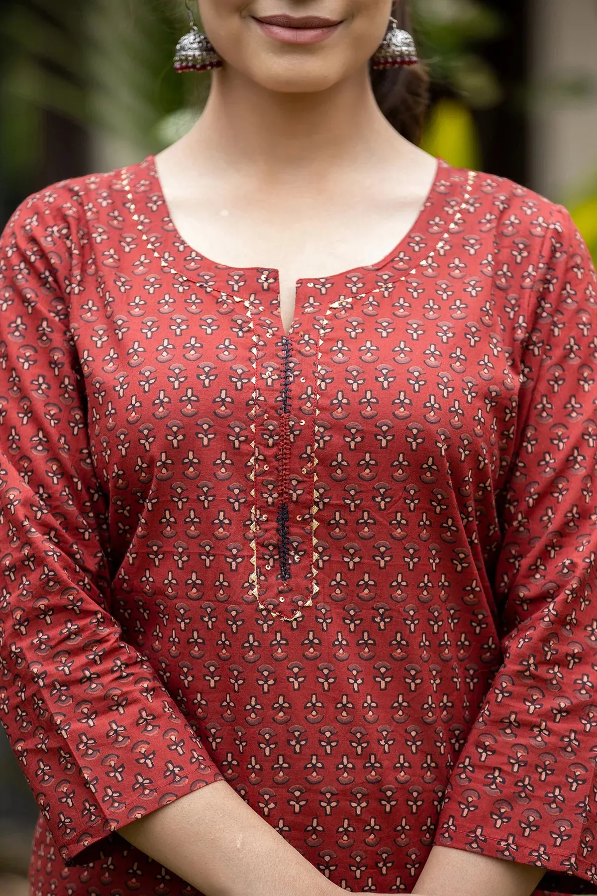 Rust Red Cotton Printed Kurta Pant Set