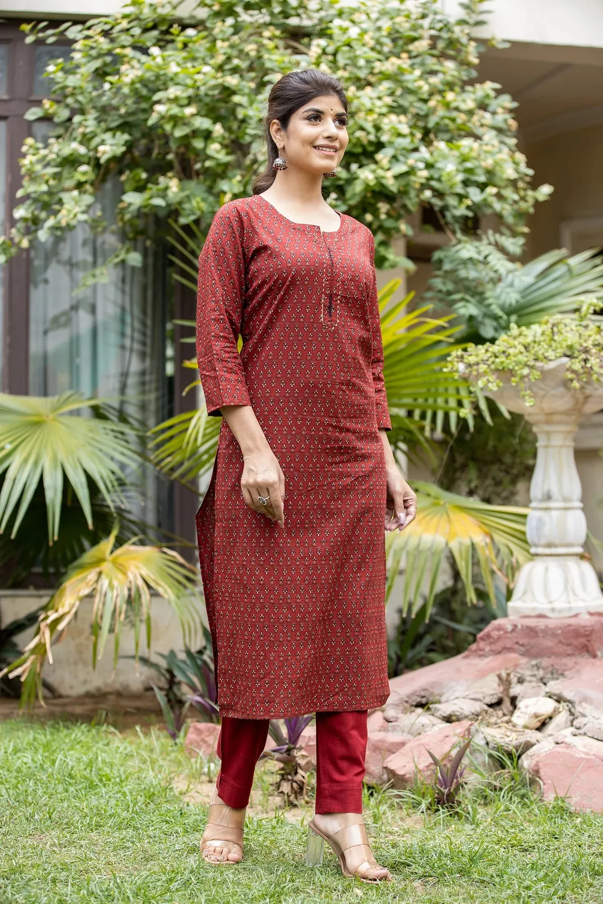 Rust Red Cotton Printed Kurta Pant Set