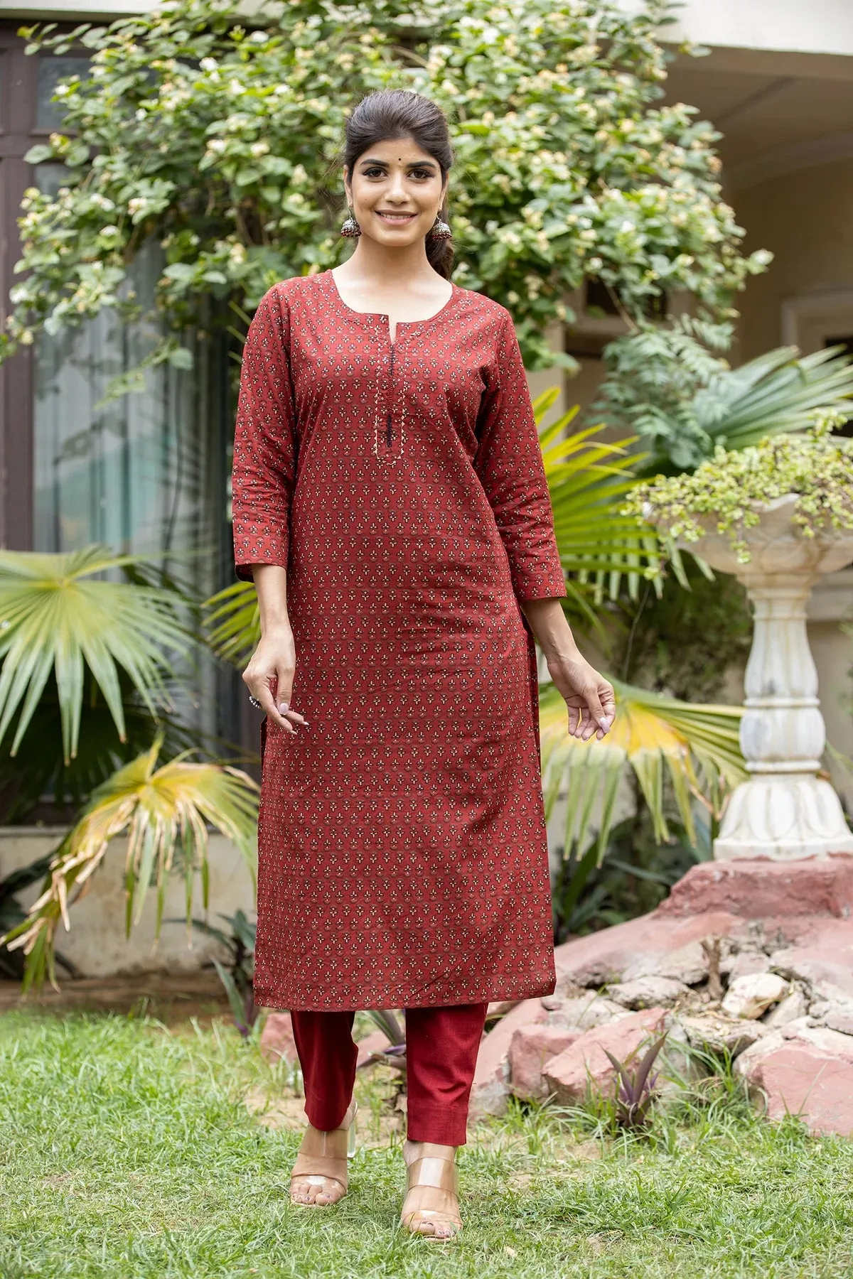 Rust Red Cotton Printed Kurta Pant Set