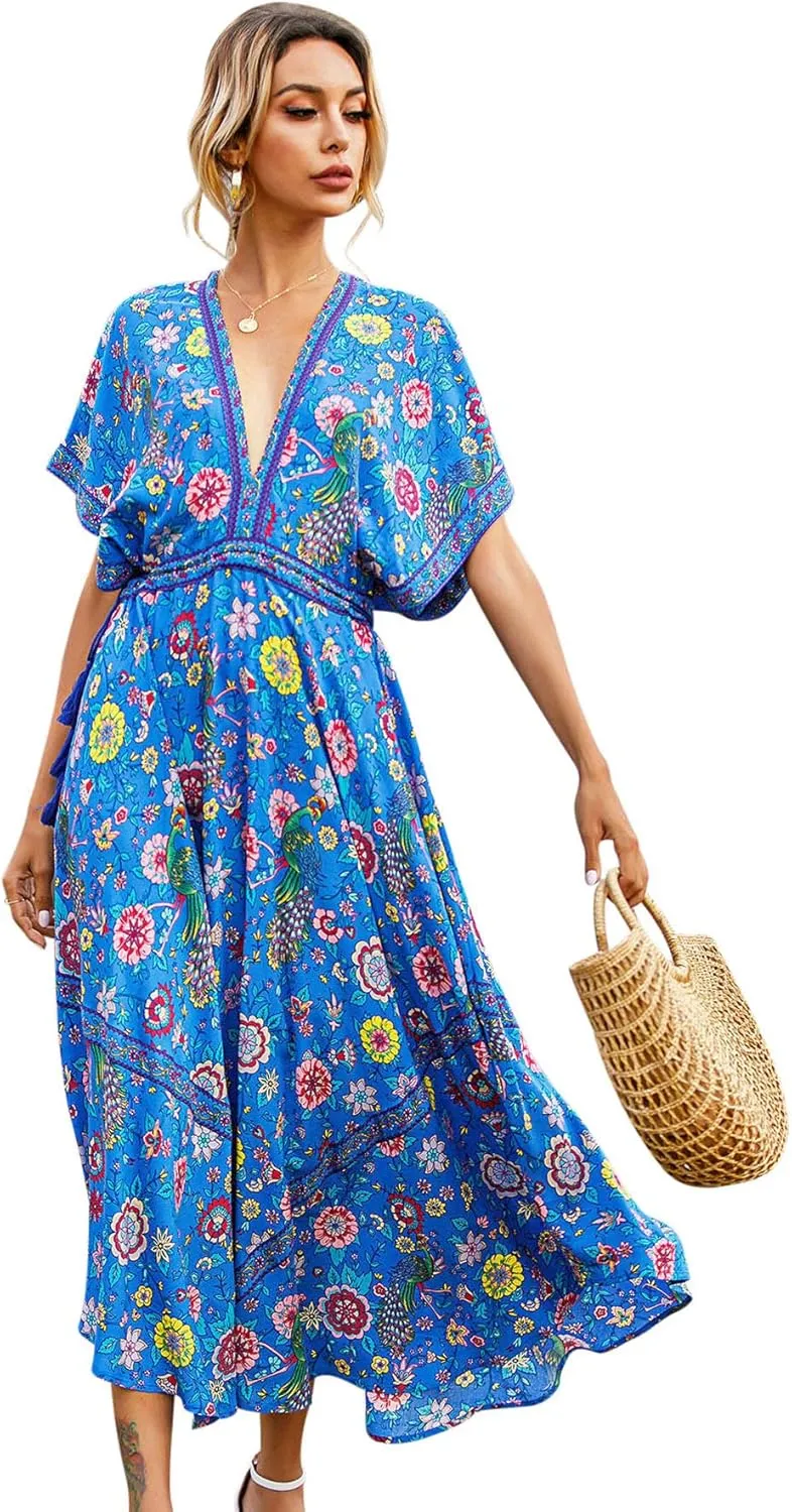 R.Vivimos Women Summer Print Deep V Neck Cotton Beach Long Dresses