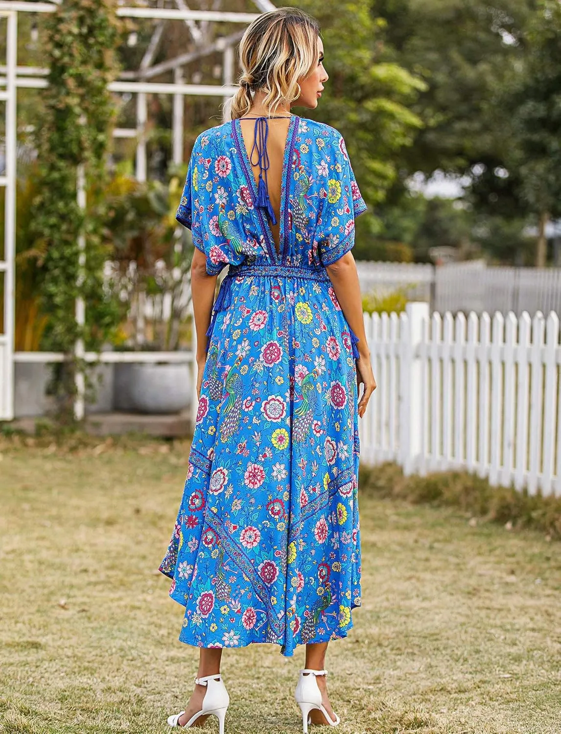 R.Vivimos Women Summer Print Deep V Neck Cotton Beach Long Dresses